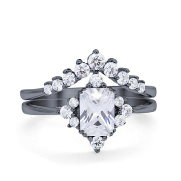 Art Deco Two Piece Wedding Ring Emerald Cut Black Tone, Simulated Cubic Zirconia 925 Sterling Silver